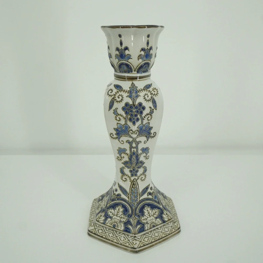 Unbranded Candlestick Holder Home Decor 10.75in Blue White Gold Floral Ceramic